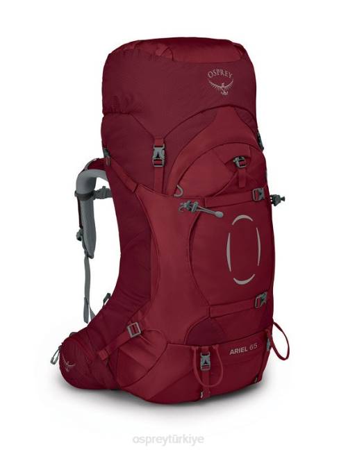 kadınlar bordo Osprey Ariel 65 sırt çantasıyla seyahat 20VZ86